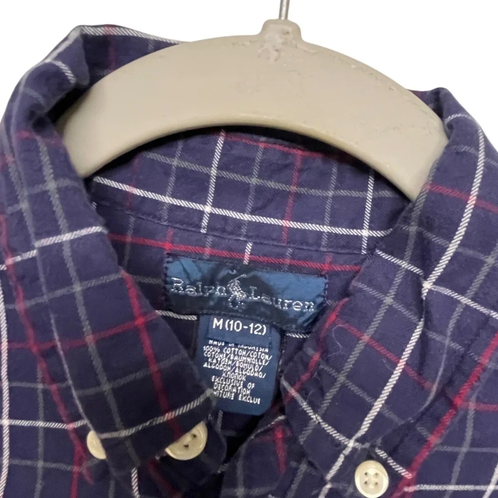 Ralph Lauren Boys Navy Plaid Long Sleeve Button Down Shirt Size M 10-12